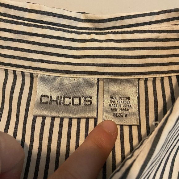 Chicos Womens 3 US XL 16 Button Up Blouse Gray Stripe Tie Sleeve Hem Collar Top - Picture 5 of 10